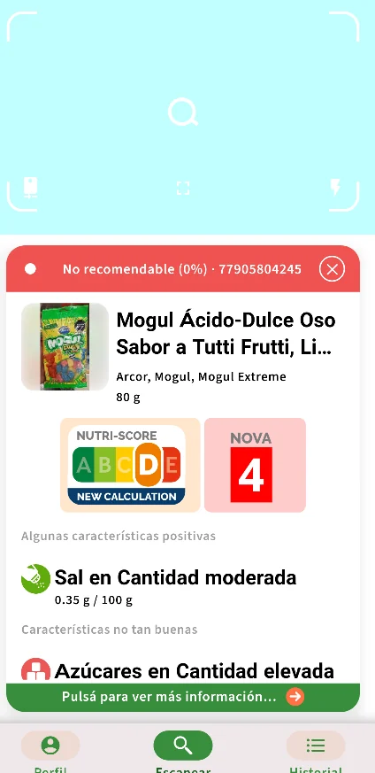 Escáner de Luppa: al leer el código de un caramelo aparece la tarjeta No recomendable (0 %) con su Nutri-Score D y NOVA 4.
