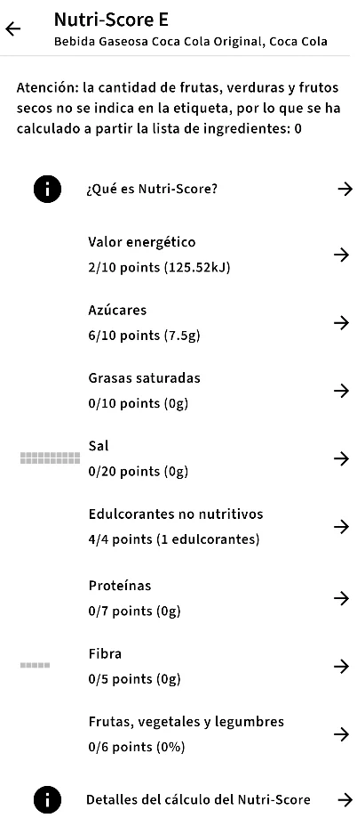 Detalle del Nutri-Score E de una gaseosa en Luppa, con los puntos de energía, azúcares, sal, fibra y proteínas.